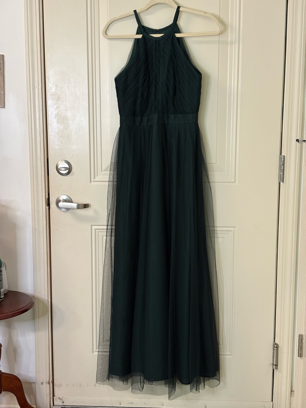 MONIQUE LHUILLIER Forest Green Halter Hi-Cut Tulle Bridesmaid Gown 4 EUC $299